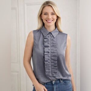 Gray Sleeveless Blouse with Pleated Front and Dress Shirt Collar Size 4